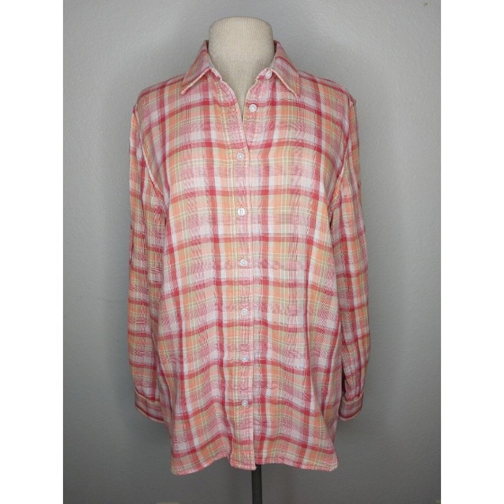 Lands End Womens Shirt Size 16 Double Cloth Coral Fusion Plaid Long Sleev 508003